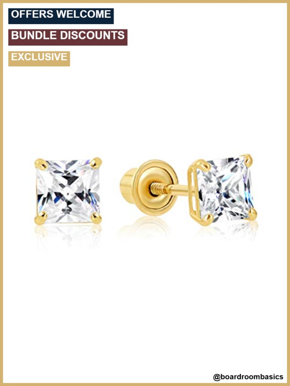 14k Yellow Gold Solitaire Square Princess-cut CZ Stud Earrings Screw-backs